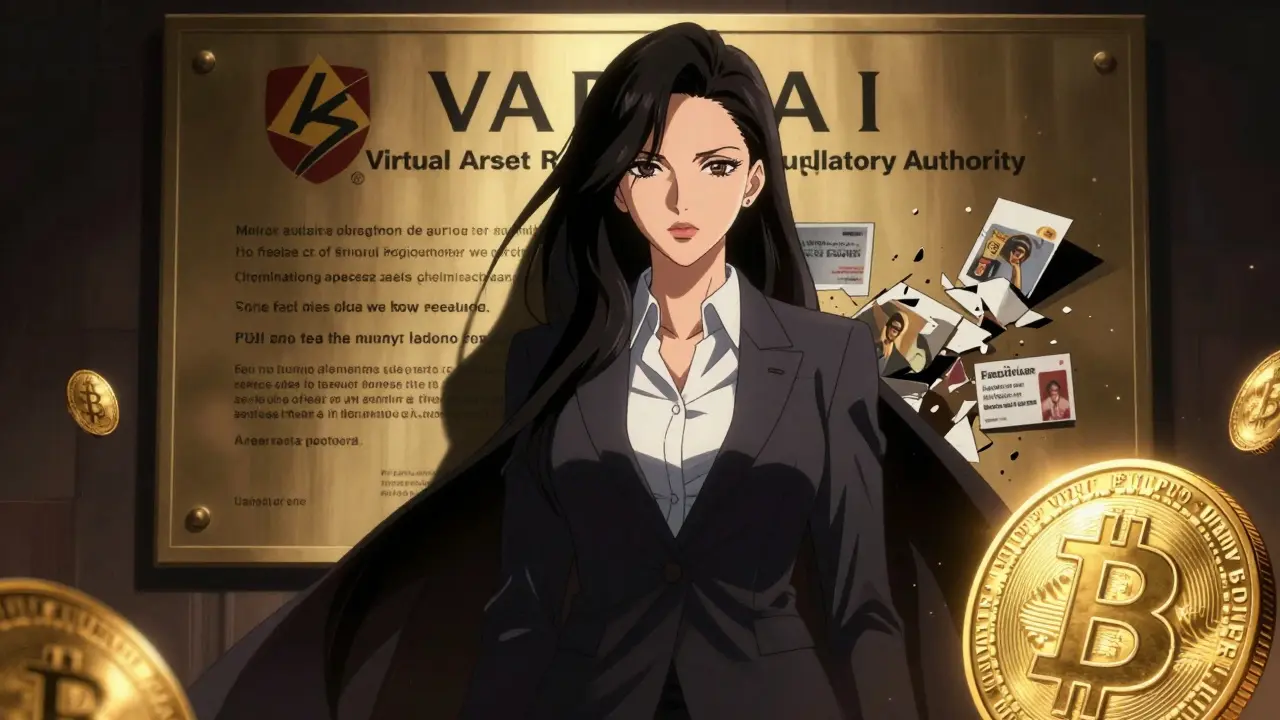 A woman stands before a Dubai VARA license, shadows of failed exchanges crumbling behind her as a glowing USDT coin rests at her feet.