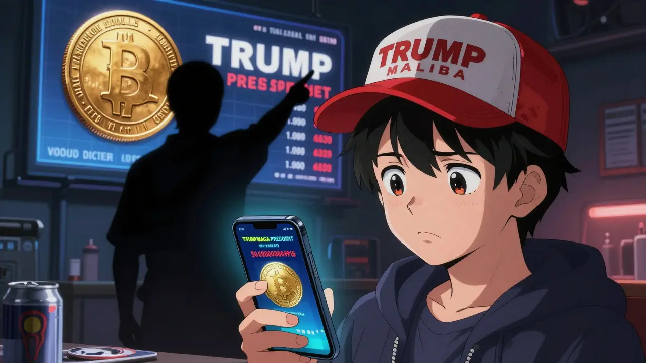 A young person stares at a worthless crypto token on their phone, while a shadowy figure points to the real one.
