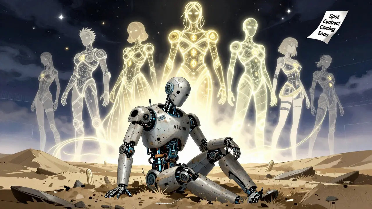 Abandoned KLend robot in a digital wasteland, overshadowed by glowing Aave and Compound figures.