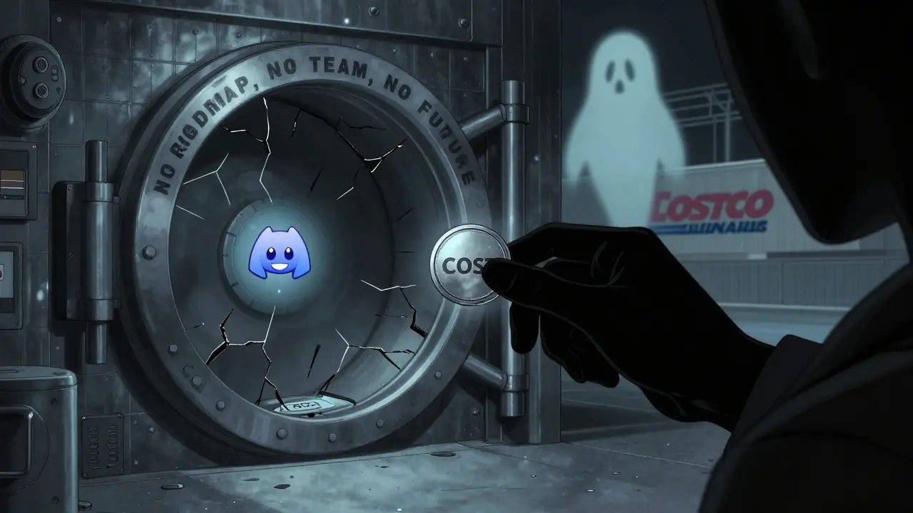 An anonymous hand places a COST token into an empty vault labeled 'NO ROADMAP' as a ghostly Costco logo watches indifferently.
