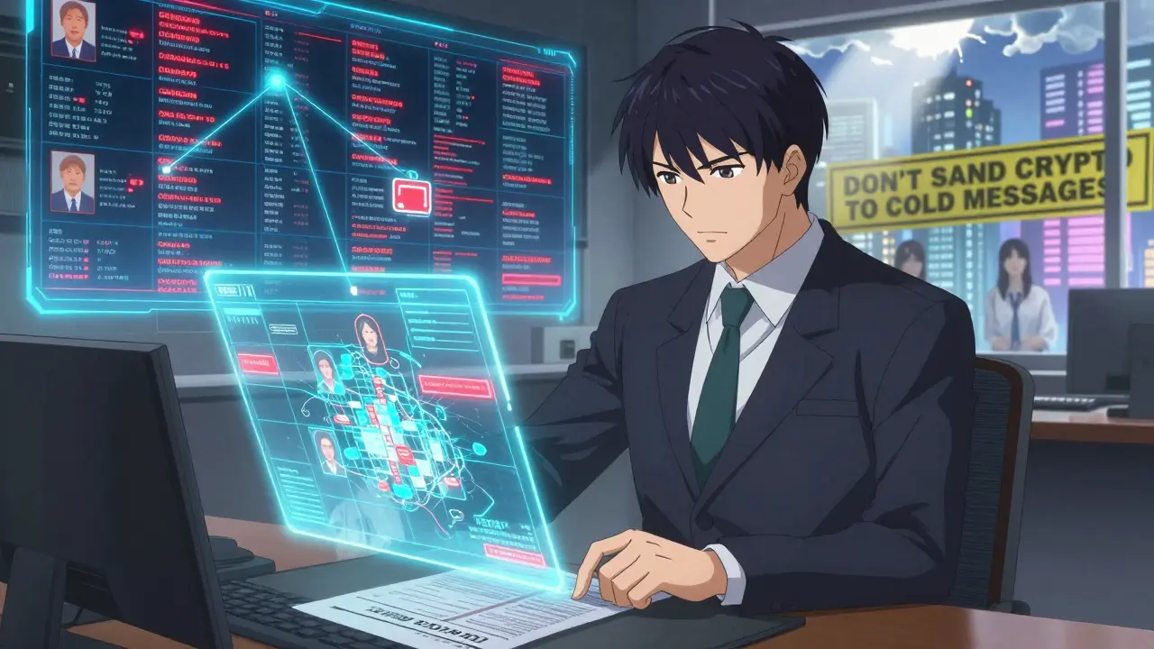 An investigator analyzing connected scam wallets on a glowing holographic blockchain map.