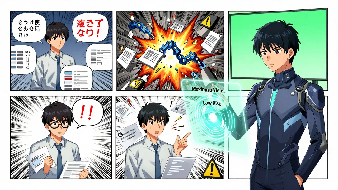 Beginner overwhelmed by chaotic DeFi protocols vs. expert using a calm intent-based interface.