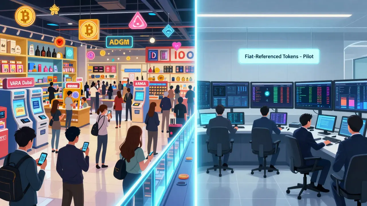 Contrast between chaotic retail crypto market and serene institutional ADGM trading floor with tokenized assets.