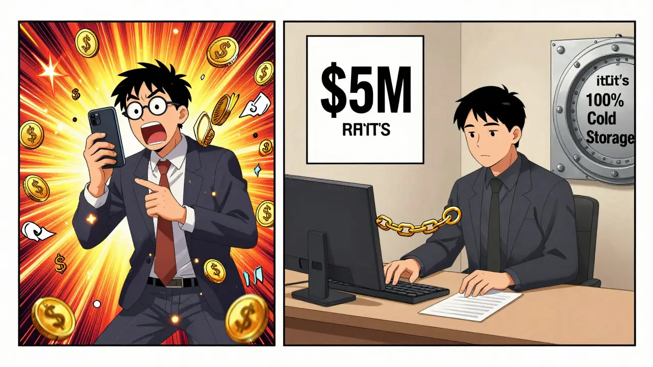 Contrast between chaotic retail trading on phone and calm institutional trading with OTC vault.