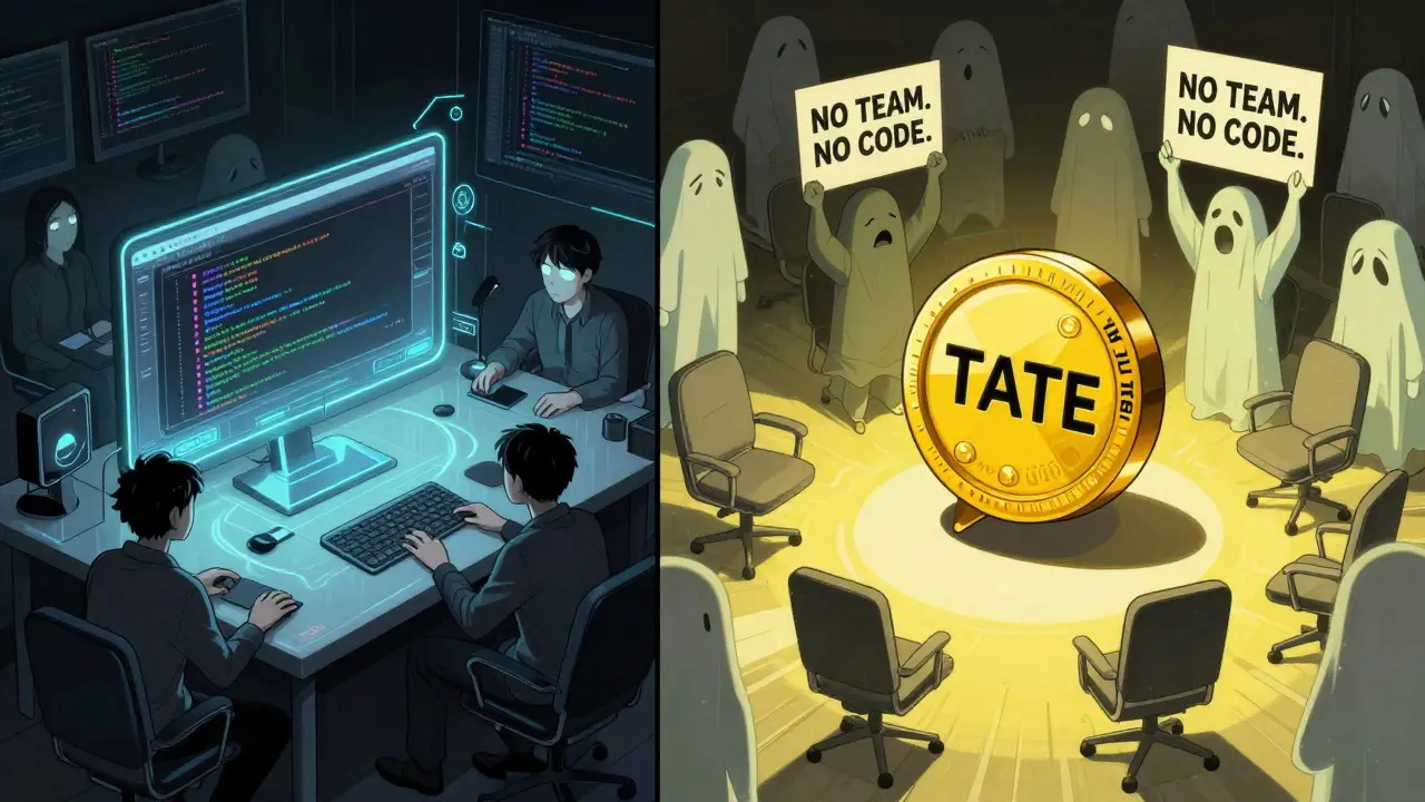 Contrasting real AI crypto project vs hollow TATE token with 'No Team. No Code.' signs in manga panel style.