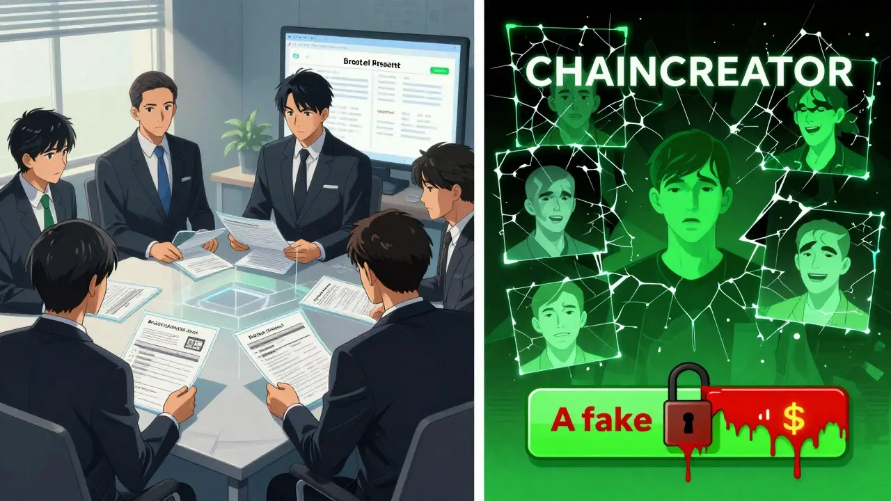 Contrasting real and fake crypto exchanges in a manga split-panel: one clean and transparent, the other crumbling and deceptive.
