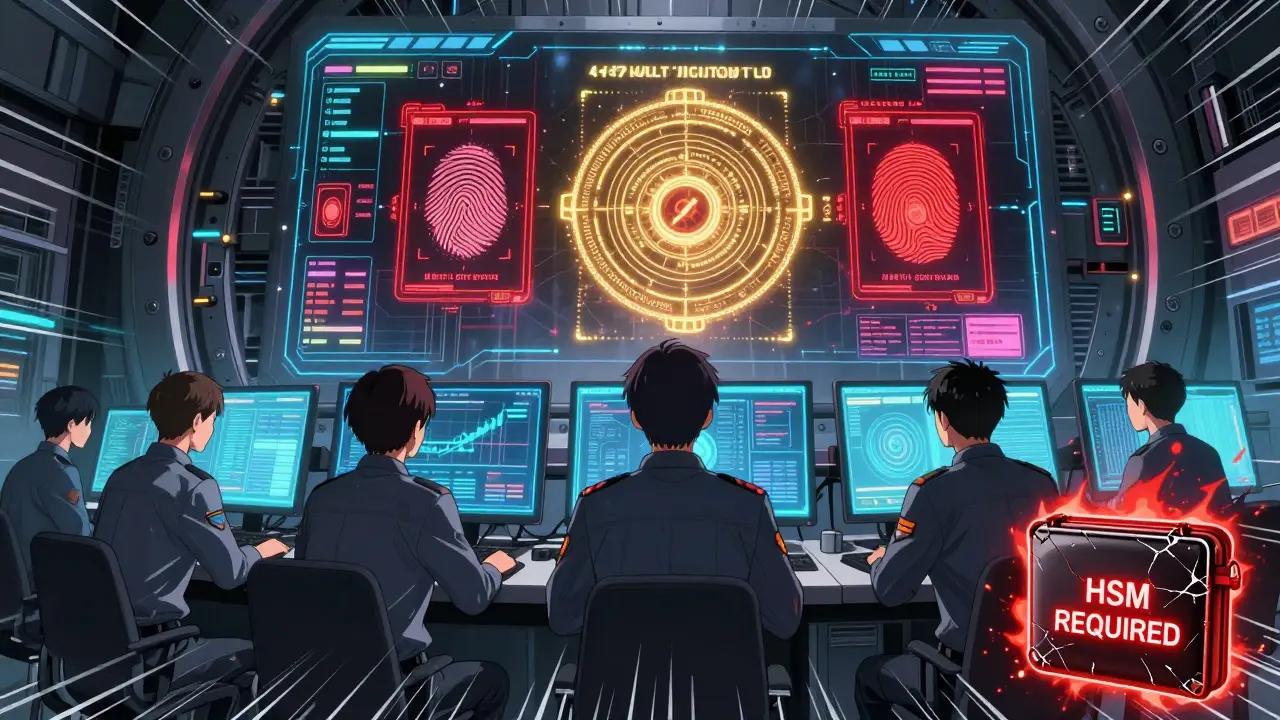 Engineers monitor a secure 4-of-7 multi-signature wallet system with glowing holograms and HSM requirements.