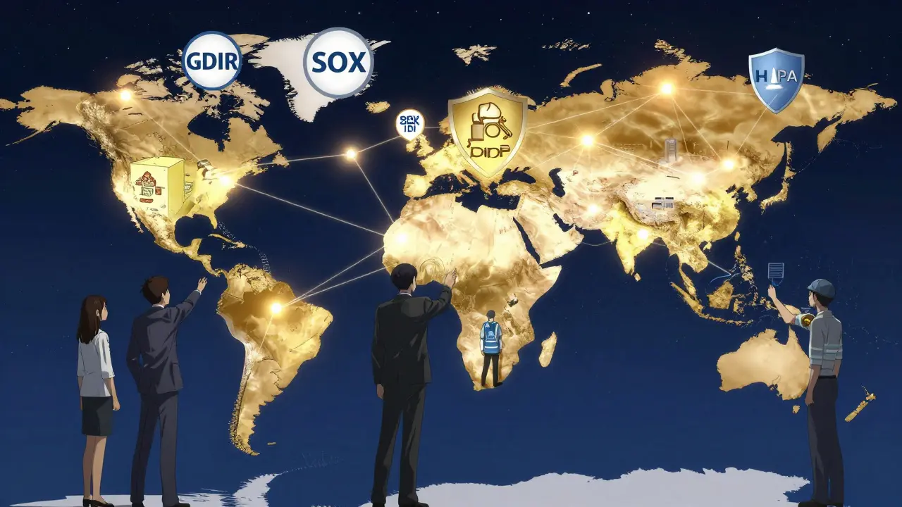 Global network of glowing blockchain nodes connecting factories, ports, and hospitals with compliance shields.