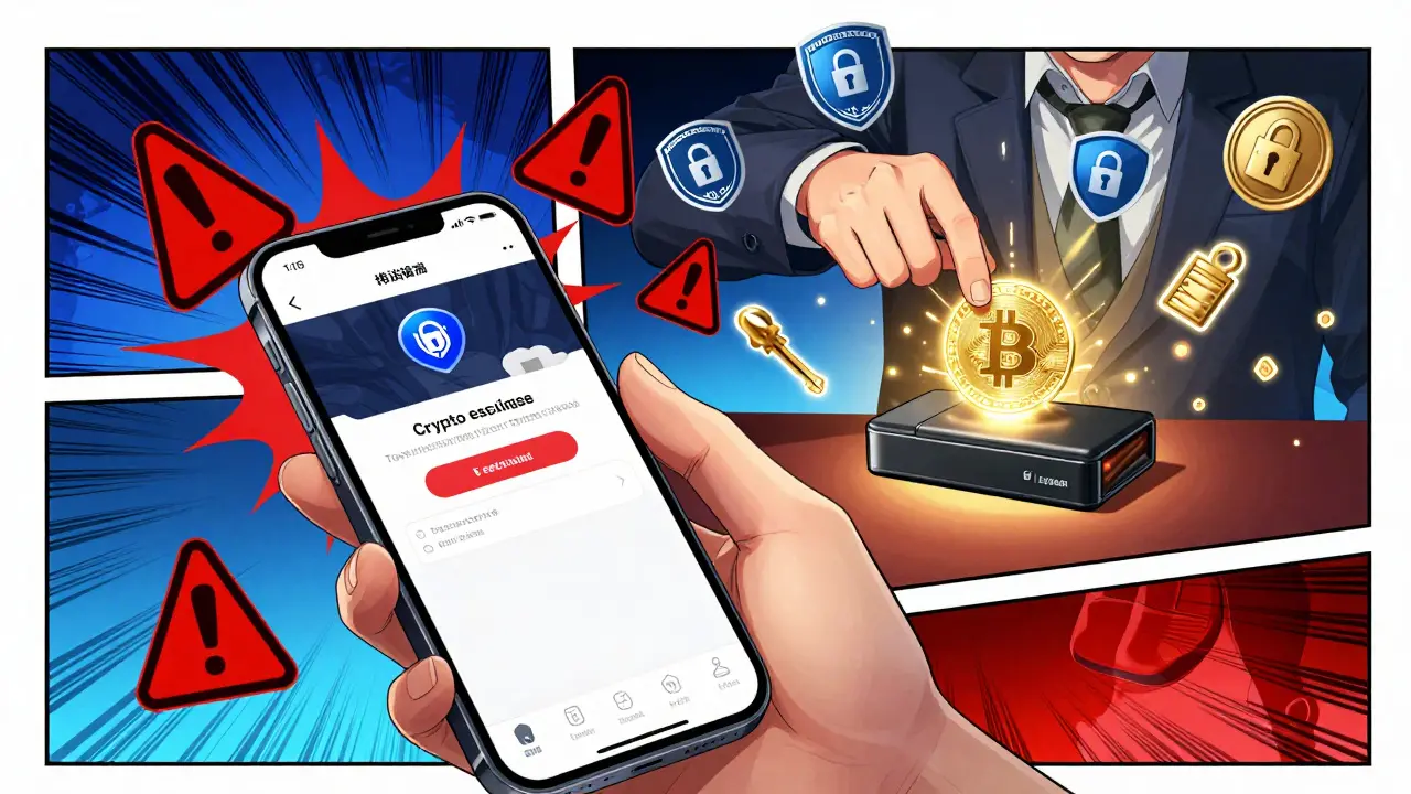 Hand holding phone with phishing site, red warnings exploding as a hardware wallet glows safely in background.