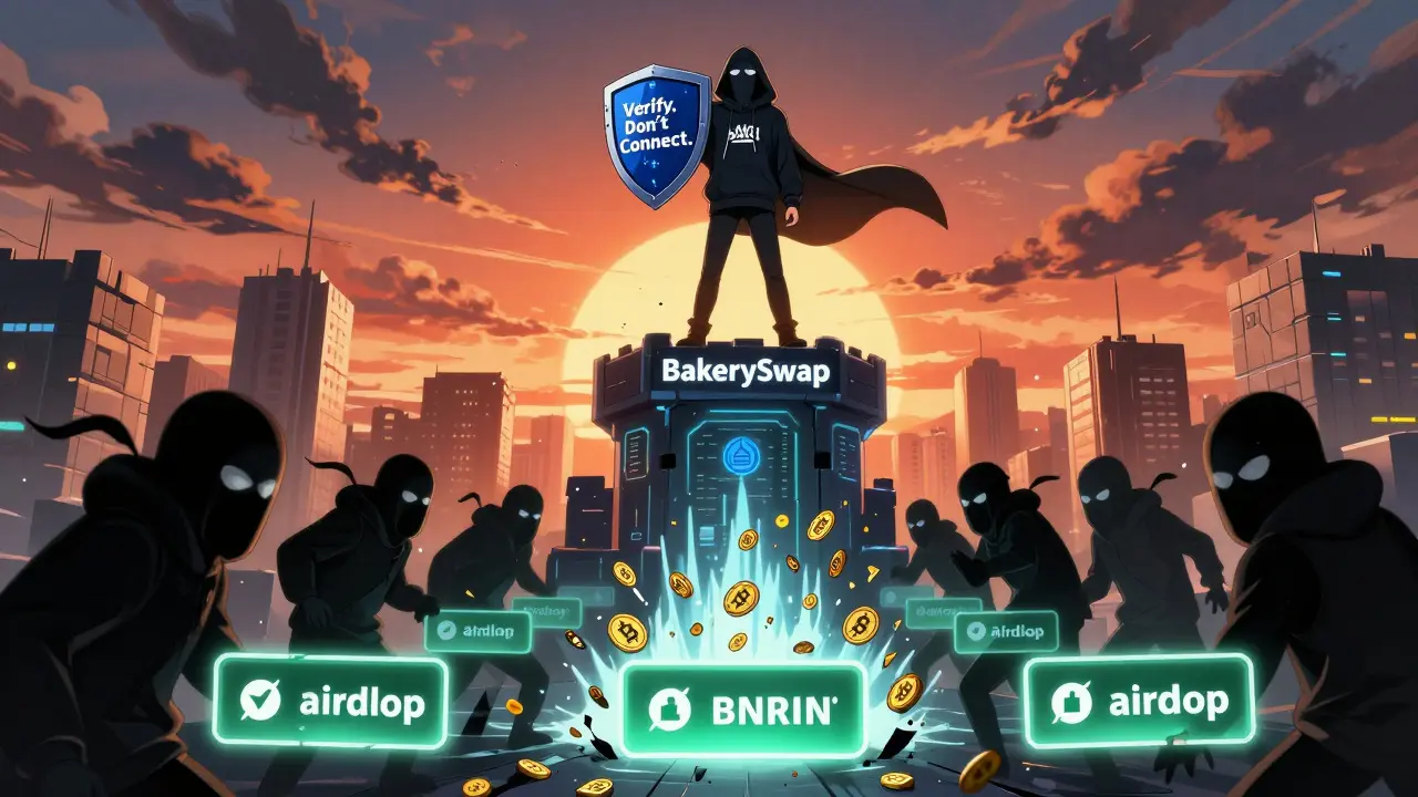 Hero defending against crypto scammers with a Verify Don't Connect shield.