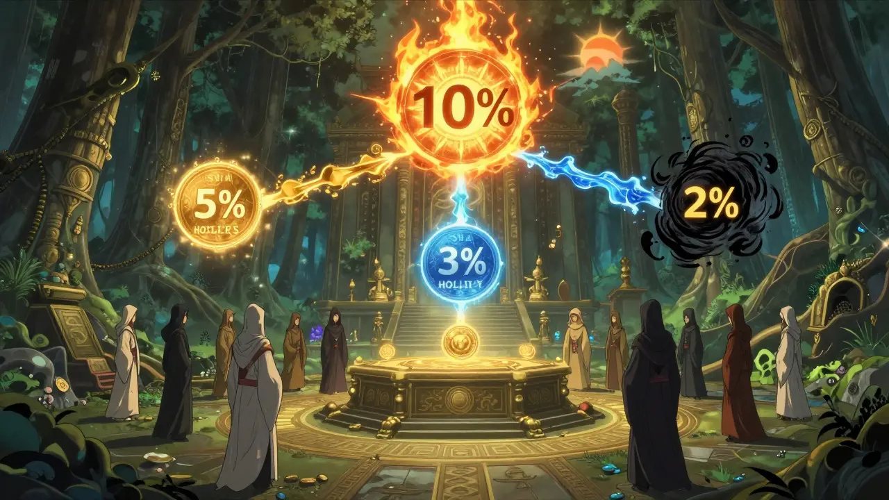 Holders gather at a temple altar as SFM fees split into three glowing paths of rewards, liquidity, and burn.