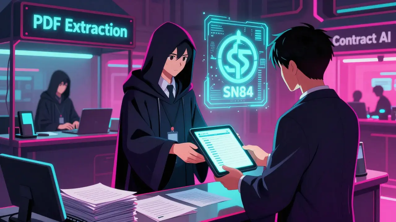 Neon cyberpunk marketplace where validators offer document extraction services with SN84 tokens glowing overhead.