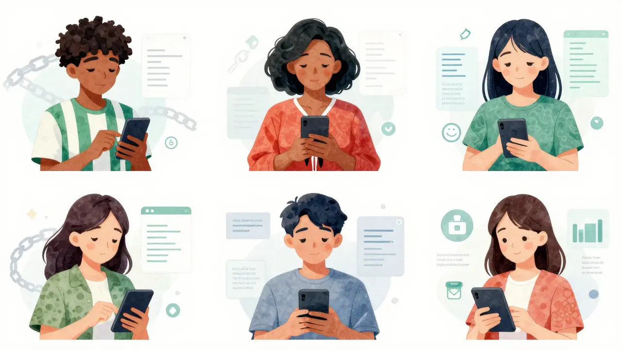 People from different countries using a simple, hidden-blockchain app to send money and verify ownership with smiles.