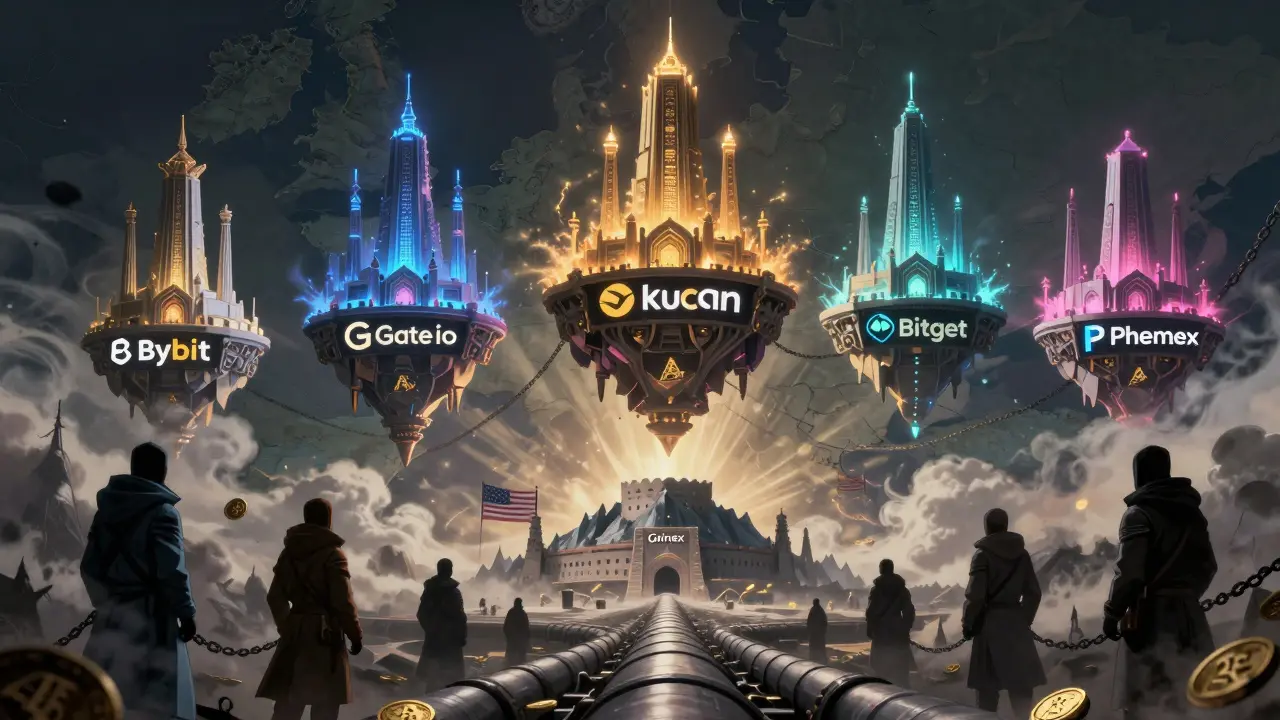 Six offshore crypto exchanges depicted as glowing temples above Eurasia, connected by a hidden pipeline to Kyrgyzstan.