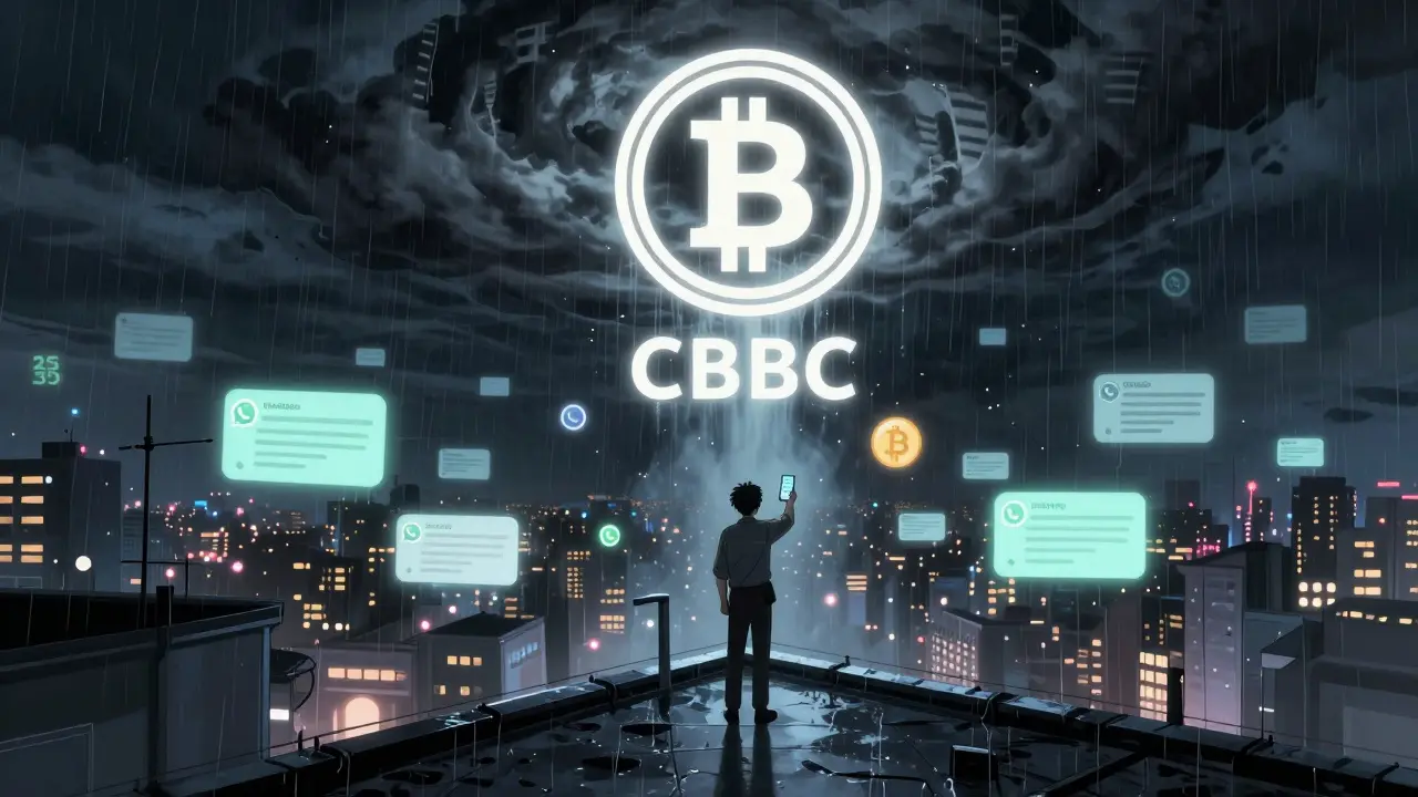 Small business owner on rooftop as a digital CBDC cloud crushes crypto icons, with hidden online networks glowing below.