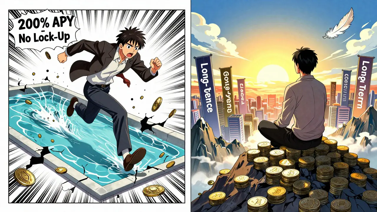 Split scene: chaotic collapse of a high-APY pool vs. calm investor atop stable locked tokens under sunrise.