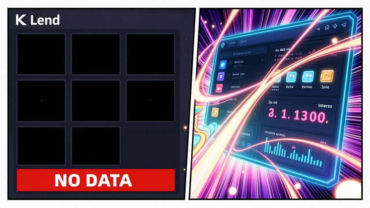 Split scene: empty KLend interface vs. vibrant, active Aave DeFi platform with flowing tokens.