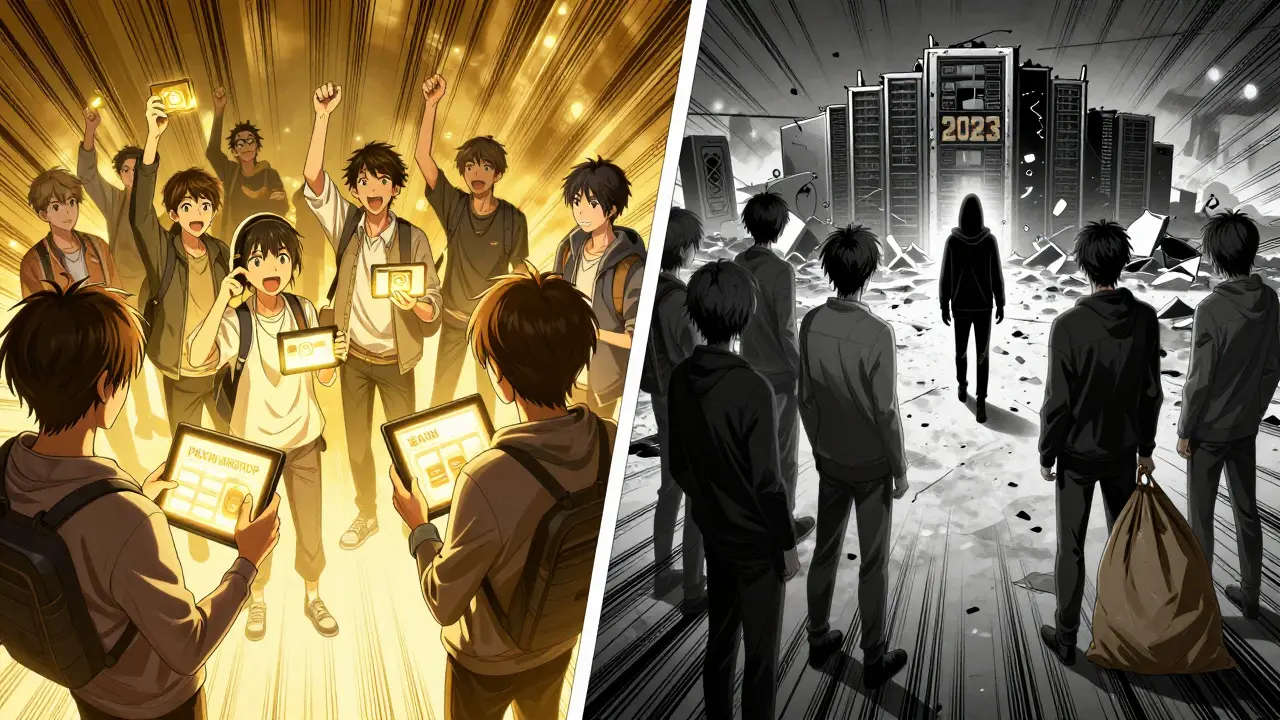 Split scene: hopeful users clicking 'join' vs. same users standing empty in a digital wasteland with a shadowy figure walking away.