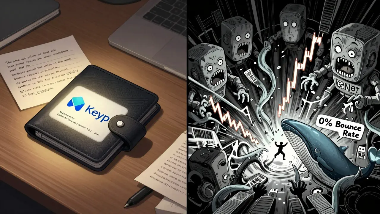 Split scene: peaceful wallet setup vs. chaotic bots manipulating price graphs in a digital abyss.