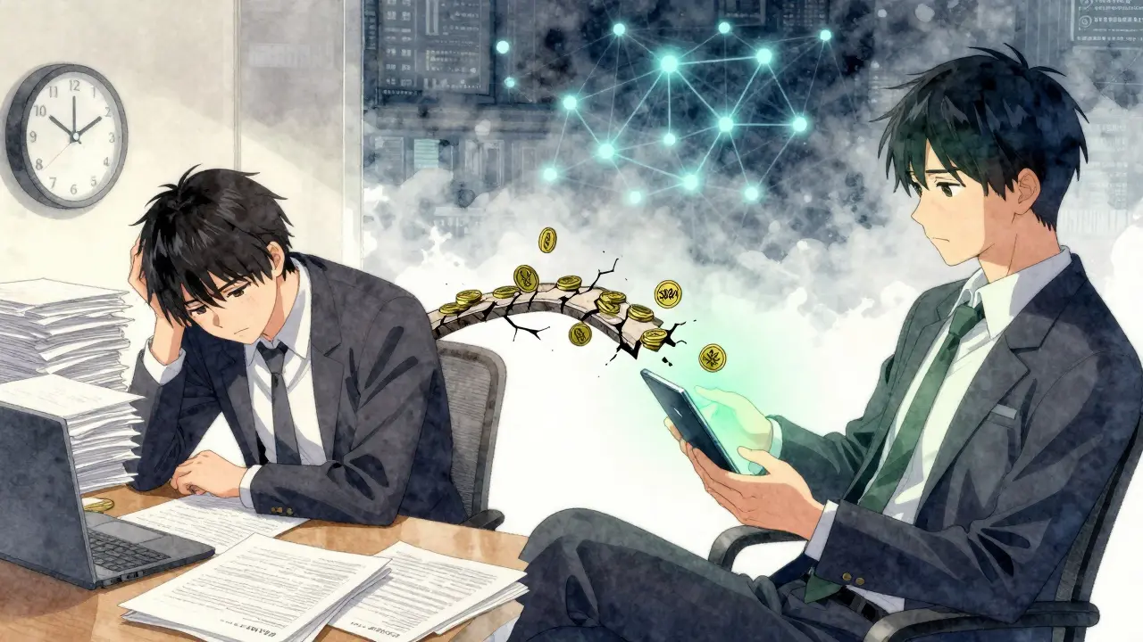 Split scene: stressed lawyer with papers vs. calm lawyer with AI-processed data, connected by fragile SN84 tokens.