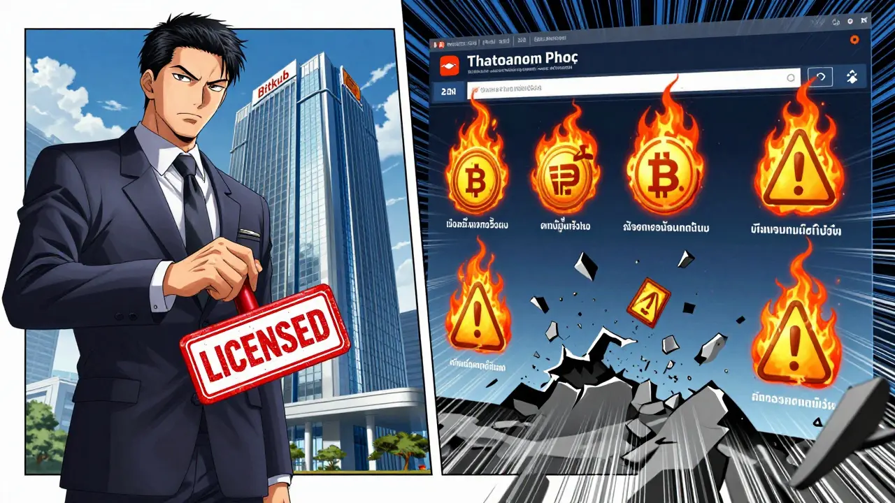 Thai SEC regulator stamping a licensed exchange while foreign platforms crumble, surrounded by regulatory criteria icons.