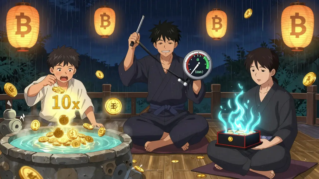 Three DeFi users training in a neon dojo with SUSHI rewards, BentoBox, and price-range dials.