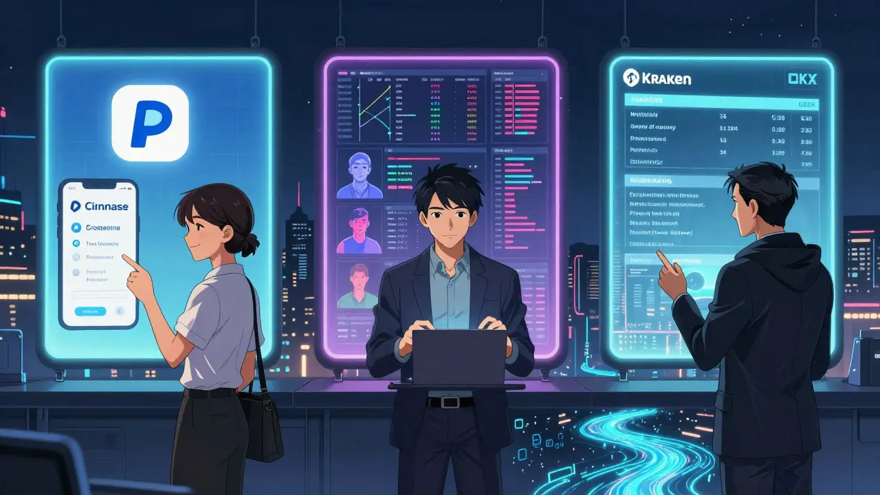 Three traders at night under glowing banners: beginner on Coinbase, international on OKX, expert on Kraken.