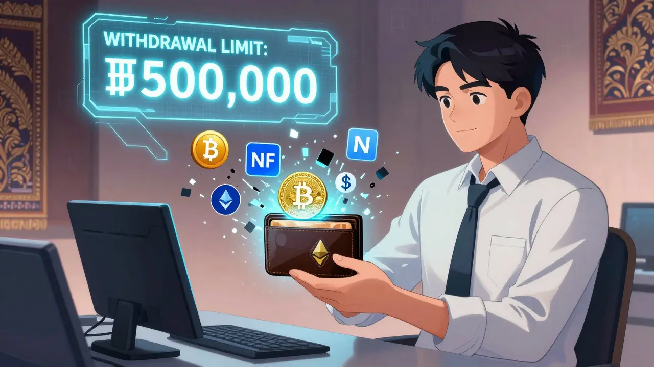 Trader at a crypto kiosk with approved coins glowing, banned assets disintegrating, withdrawal limit displayed in hologram.
