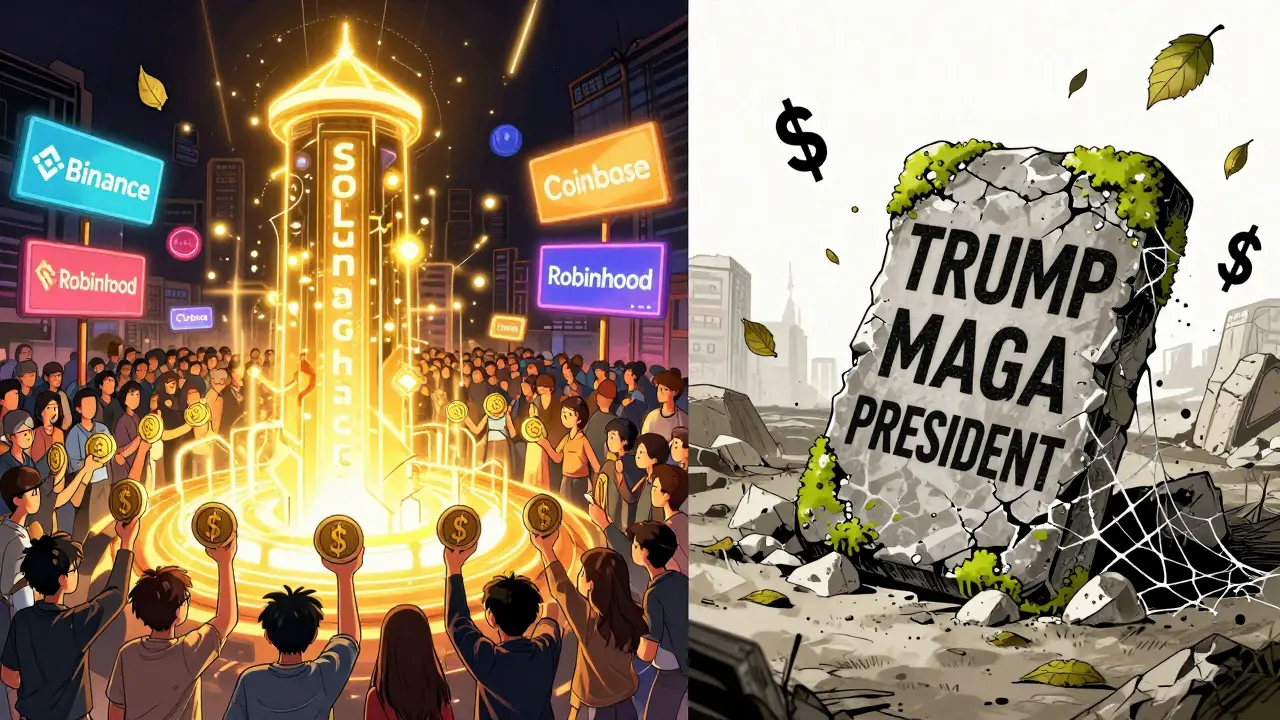 Two contrasting scenes: a vibrant $TRUMP ecosystem vs. a crumbling, abandoned token in a wasteland.
