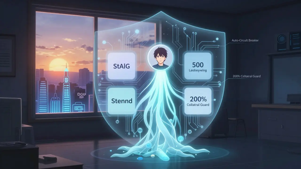 Unified DeFi app with staking, lending, and insurance as flowing light tendrils under a protective shield.