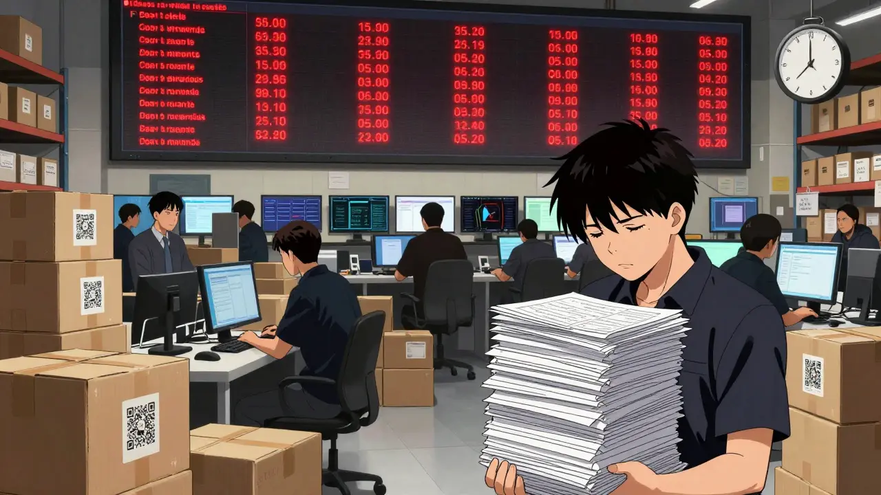 Warehouse workers surrounded by streaming crypto transaction data under a CBI monitoring screen.