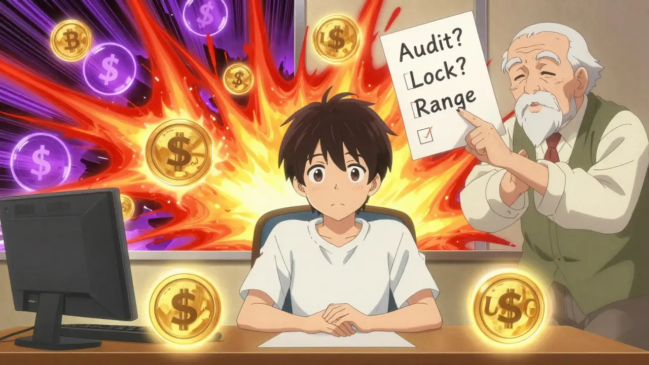 A beginner surrounded by calm stablecoin pairs while chaotic high-yield pools explode behind them, guided by a mentor.