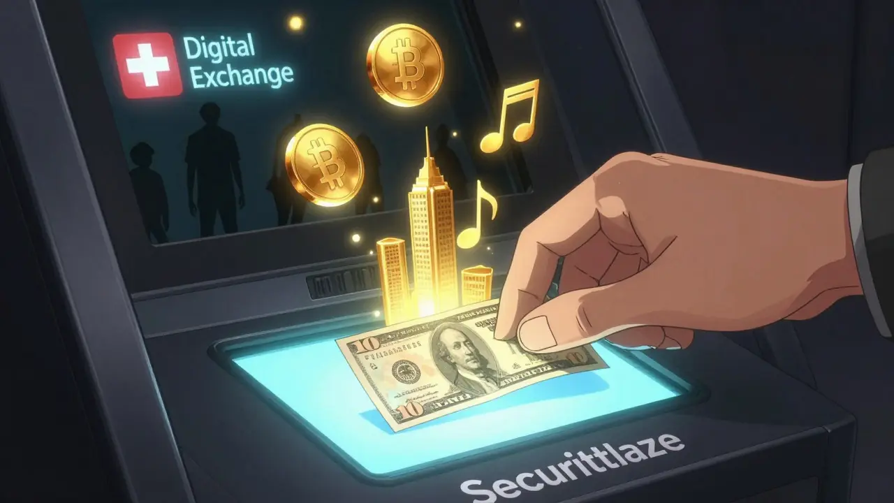 A  bill transforms into digital tokens of real-world assets as a regulated exchange logo glows in the background, symbolizing accessible investing.