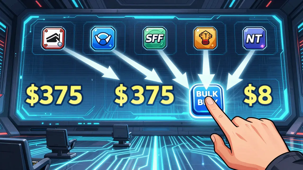 A bulk purchase button activated, with NFTs converging into one transaction and gas fees dramatically dropping.