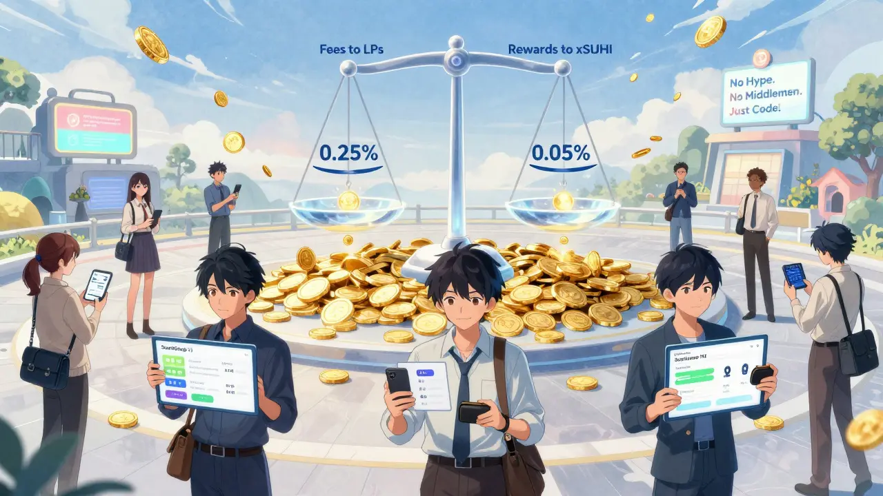 A community of users interacting with SushiSwap V3 interfaces in a digital plaza, with rewards raining down on xSUSHI stakers.