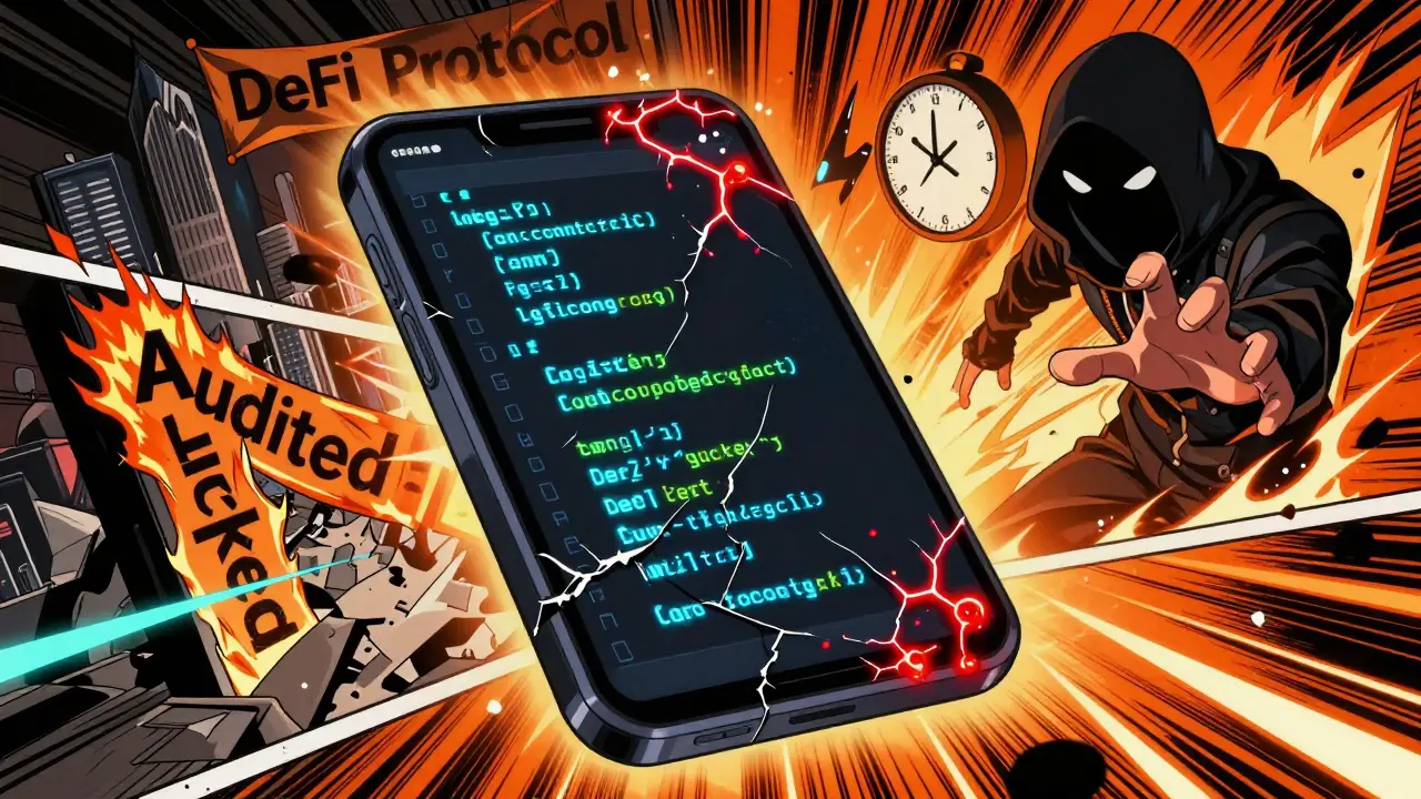 A cracked smart contract with glowing vulnerabilities as a hacker reaches in, set against a burning DeFi protocol city.