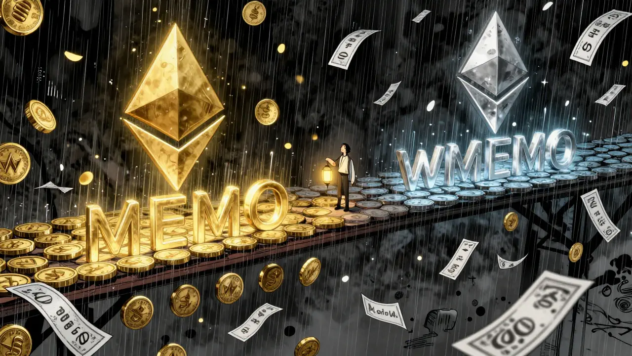 A fragile bridge between native MEMO and wMEMO, with a lone figure hesitating between vibrant and faded worlds.