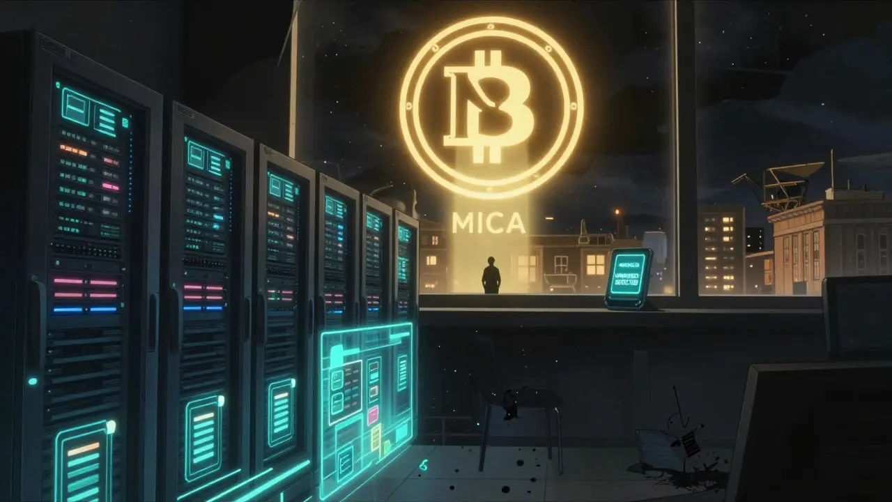 A glowing Maltese server room under MiCA protection while unlicensed platforms crumble in shadows.