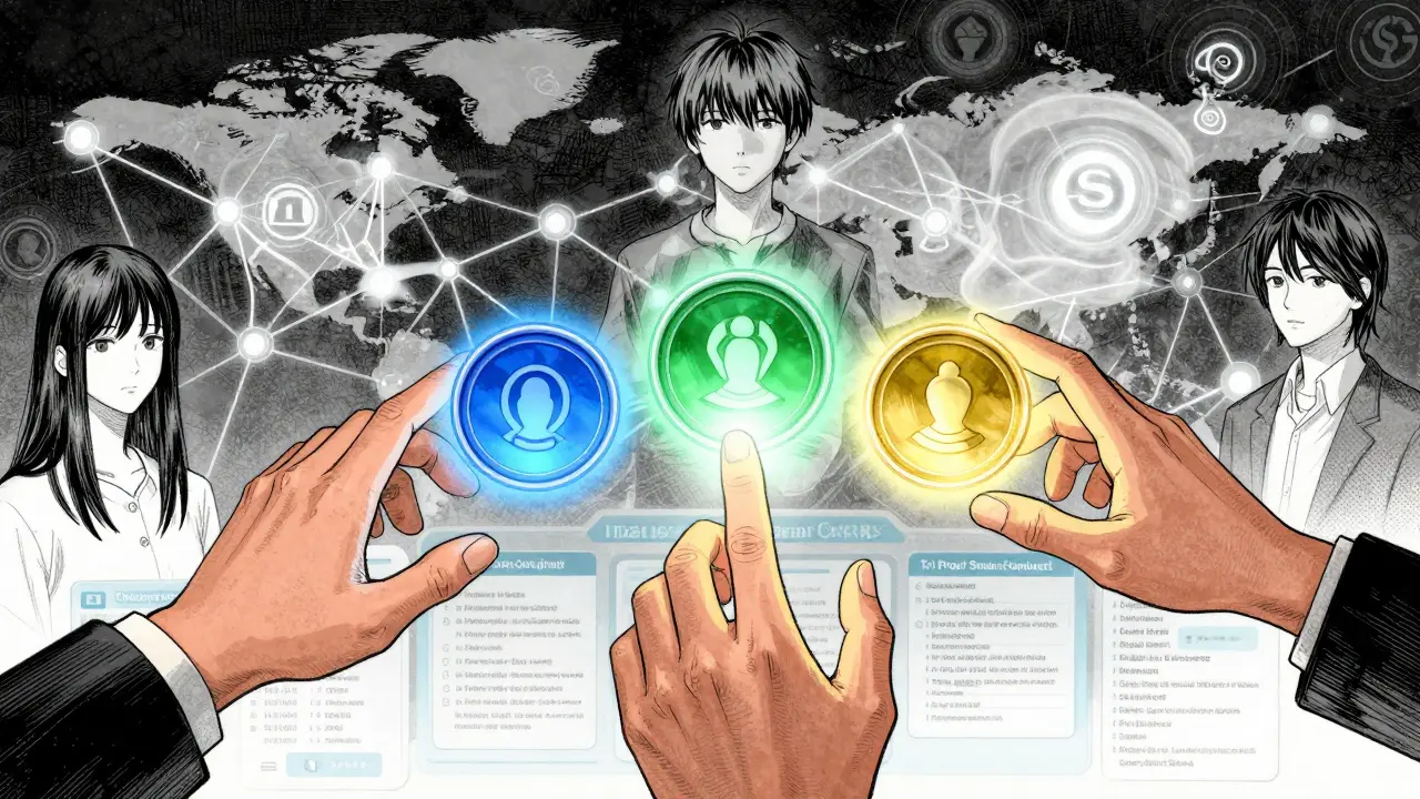 A glowing THREE token held by three hands representing buyer, seller, and DAO, surrounded by digital privacy symbols and neural network nodes.
