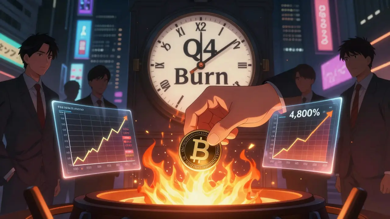 A hand burning a BNB token in a fiery furnace as market charts rise, with enterprise leaders watching in the background.