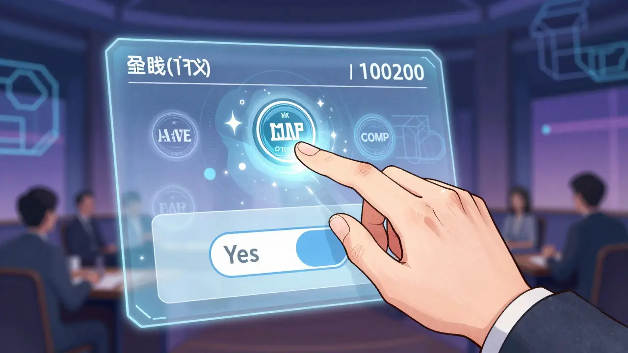 A hand votes on a holographic interface surrounded by spinning governance tokens, with a rising vote counter in the background.