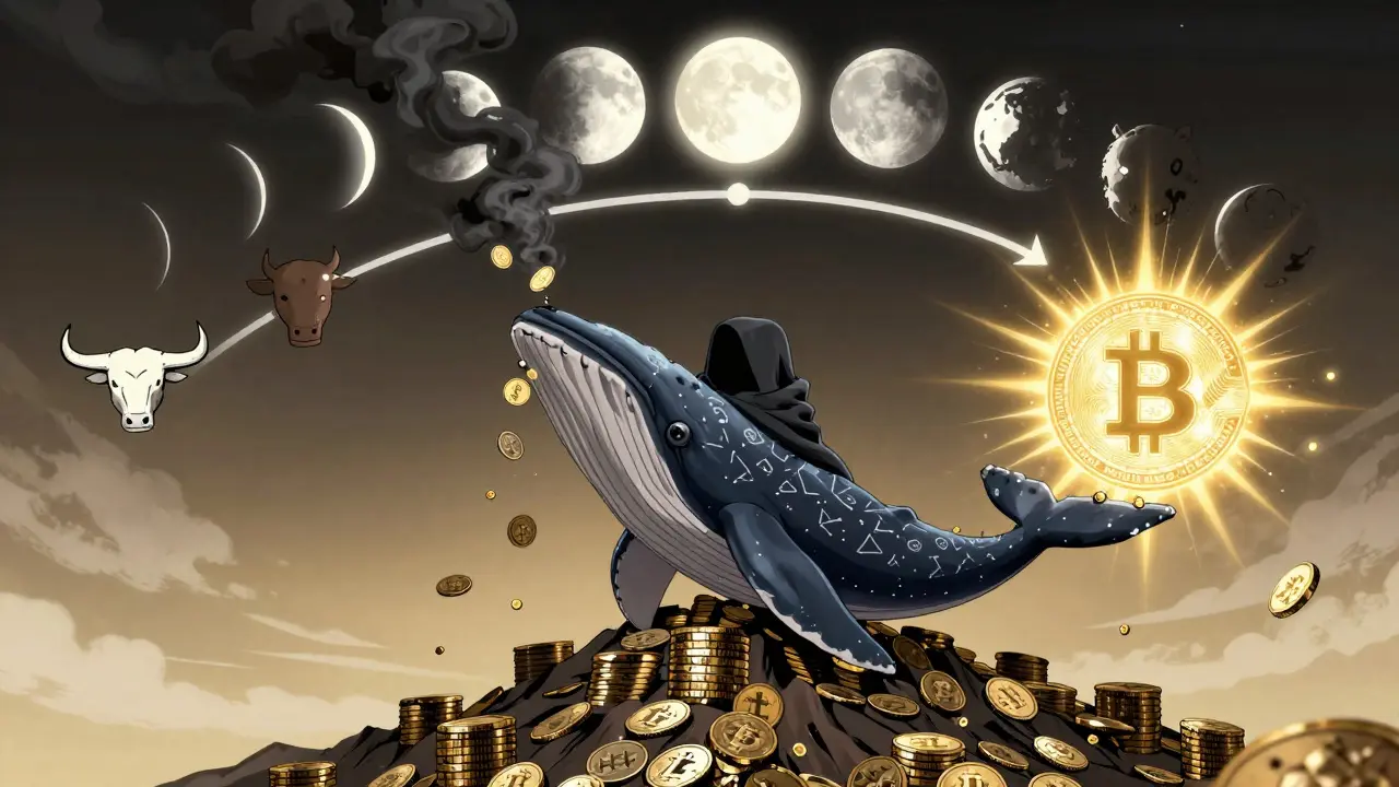 A hooded whale figure balancing coin release and staking, with market cycles in the background.