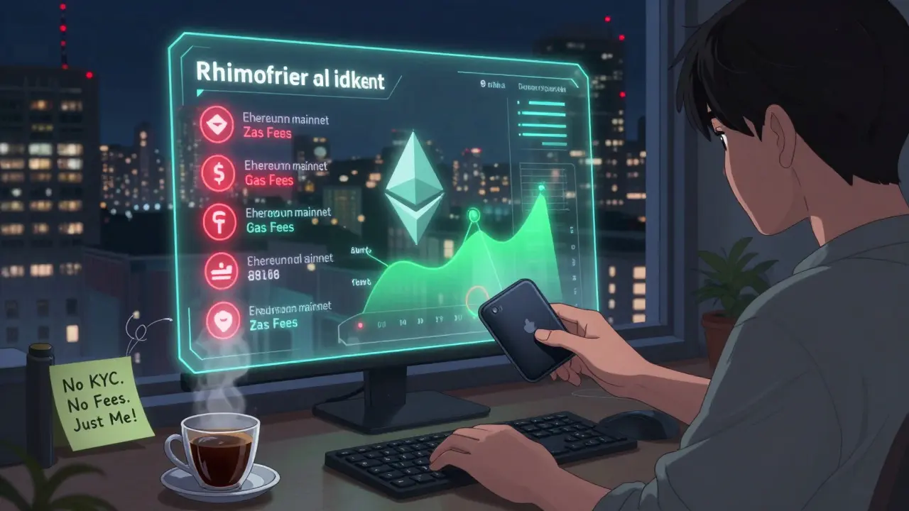 A person connecting a hardware wallet to Rhino.fi at night, with contrasting gas fees outside.