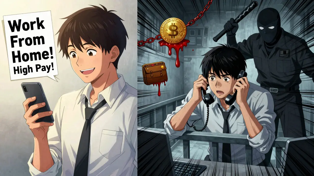 A person lured by a fake job ad then trapped in a crypto scam compound, with shadowy enforcers looming behind.