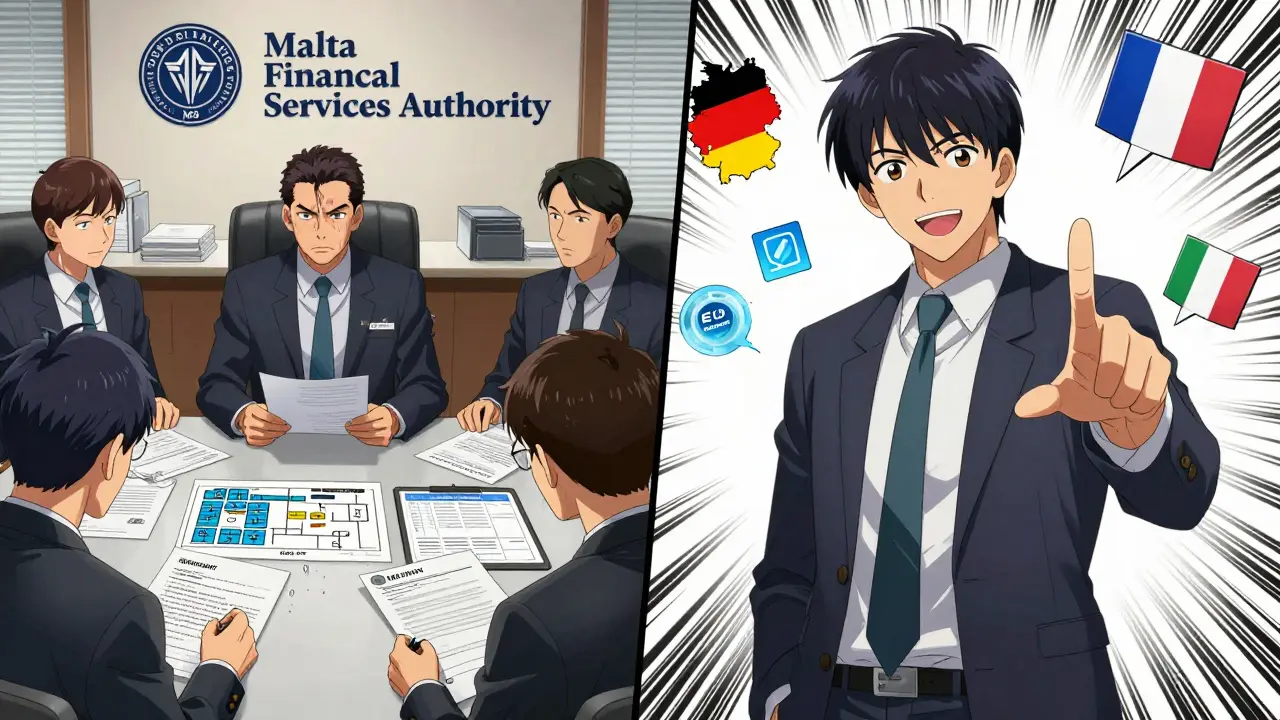 A tense MFSA review panel transitions to a triumphant EU passport activation scene.