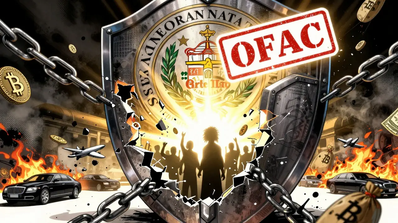 A U.S. Treasury sanction breaking chains of crypto fraud, with victims rising toward light as criminal symbols burn.