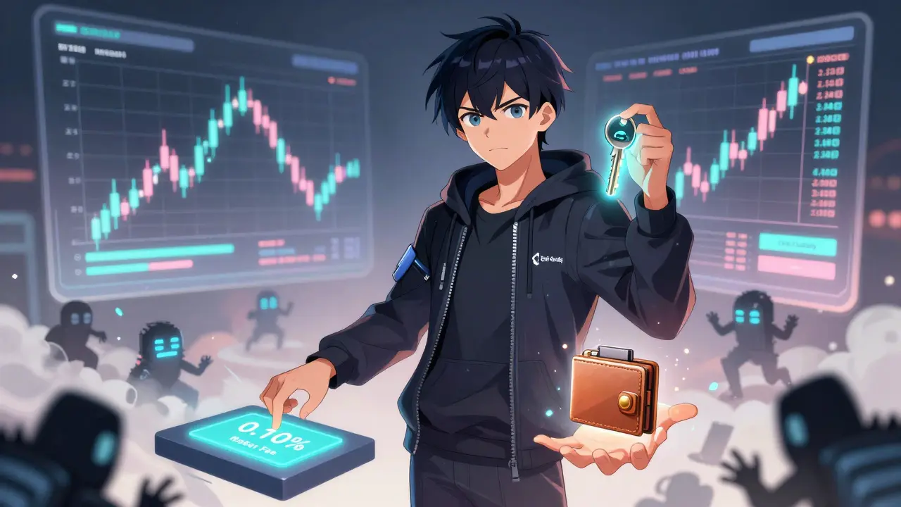 A user swapping tokens on a sleek digital platform with a self-custody key in hand.