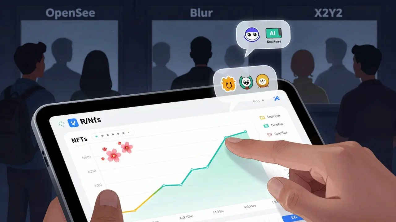 A wallet dashboard showing animated NFT portfolio gains and AI recommendation bubbles with rare traits.