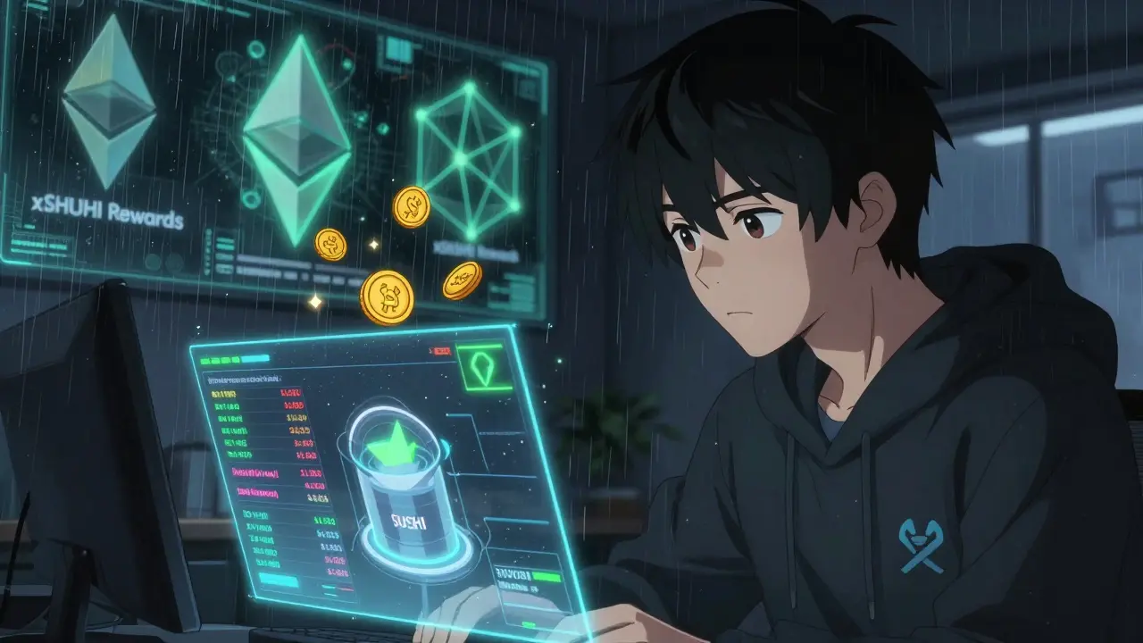 A young trader in a hoodie focusing on a holographic SushiSwap dashboard showing price ticks and Polygon network status.