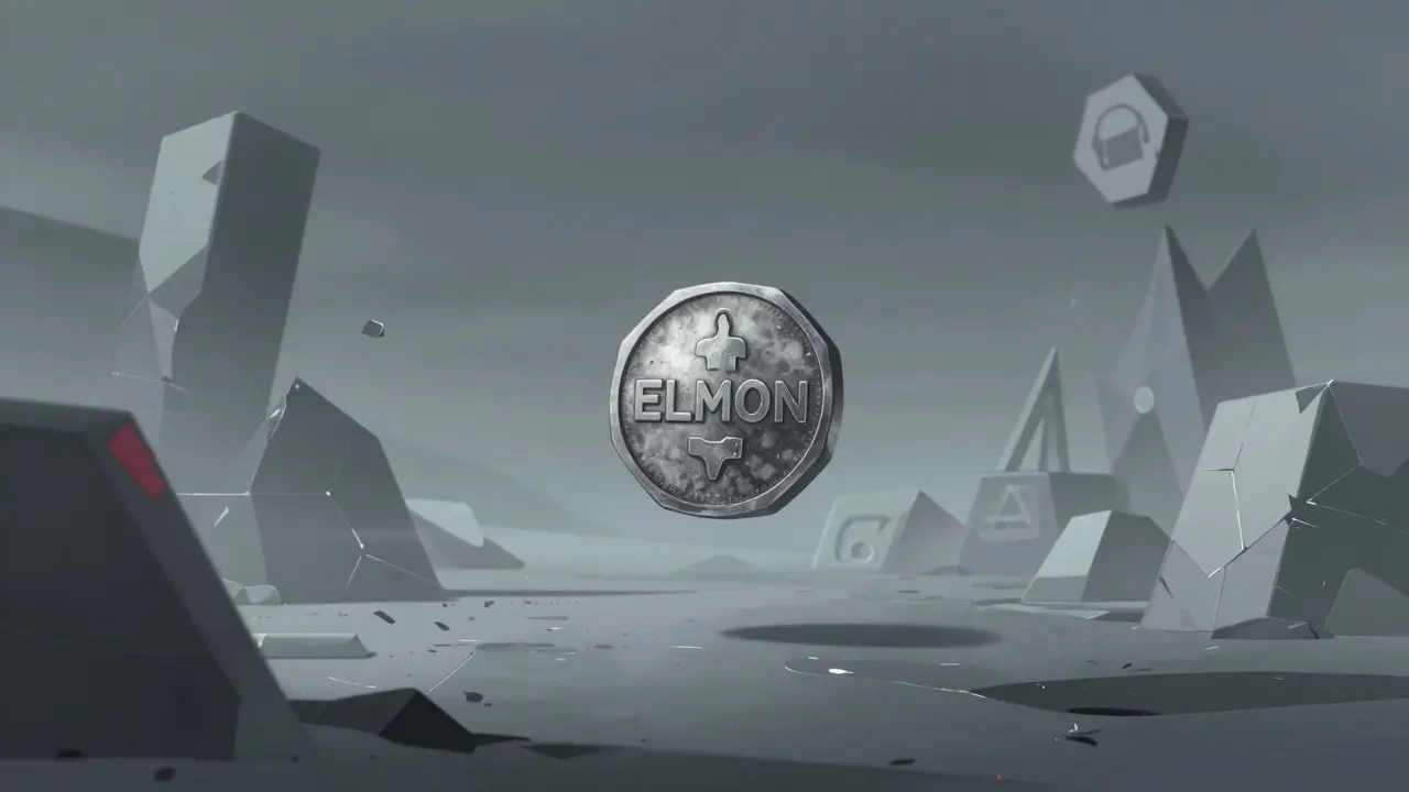 Abandoned digital realm with a single ELMON token and crumbling infrastructure.